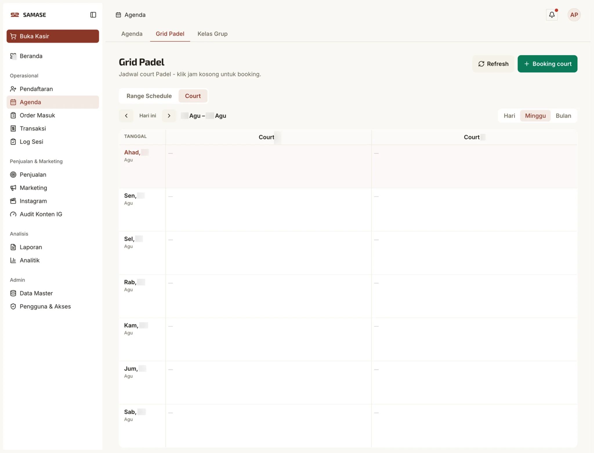 A full day on the Padel agenda grid. Figures blurred.