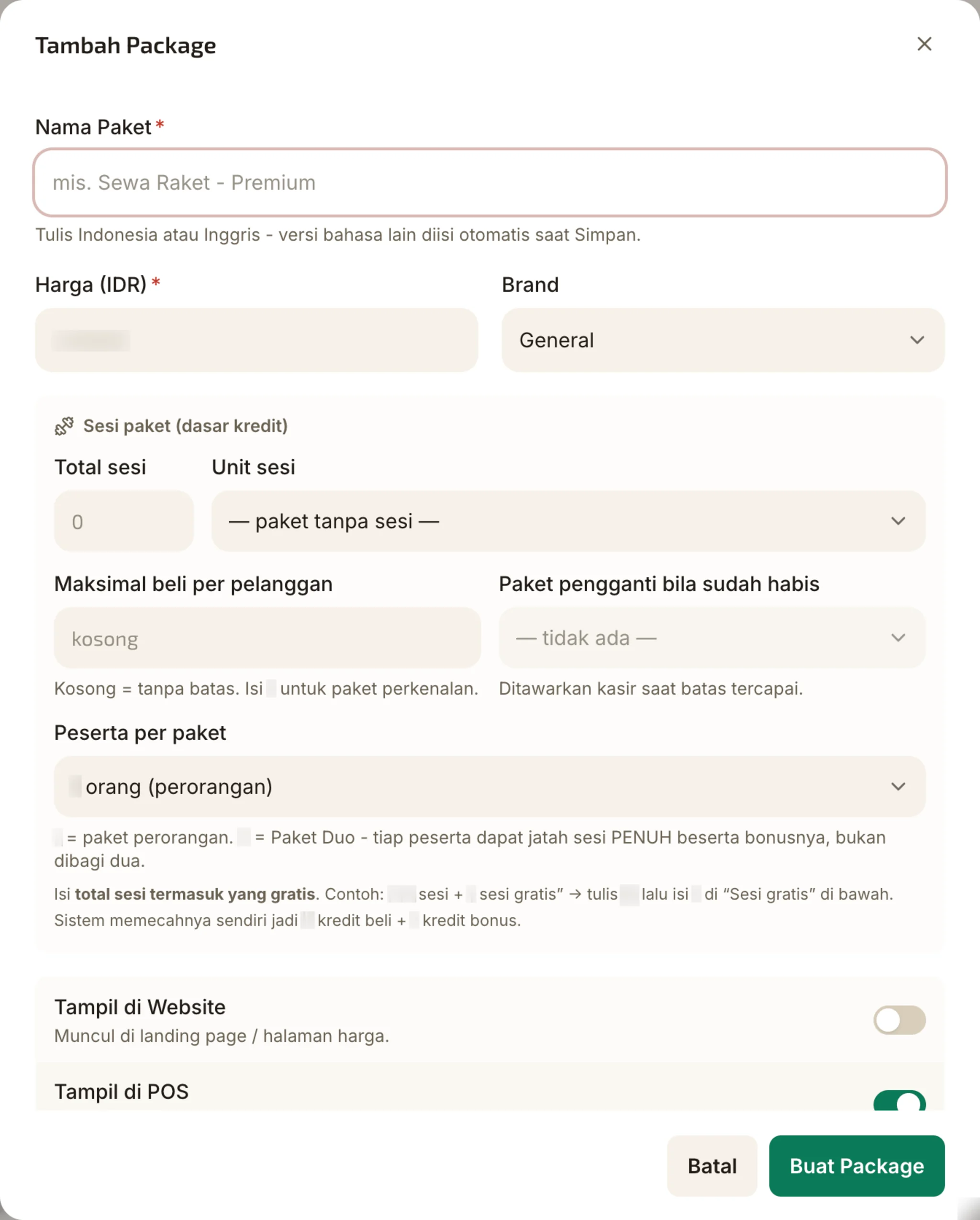 Building a package and the sessions inside it. Prices blurred.