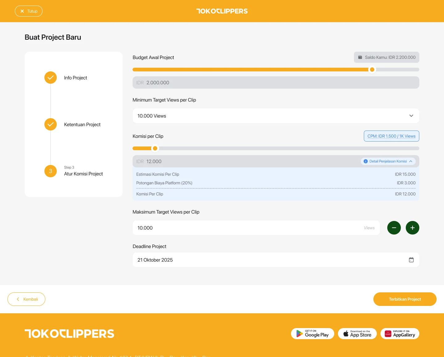 Creating a project, third step, with budget and per-clip target