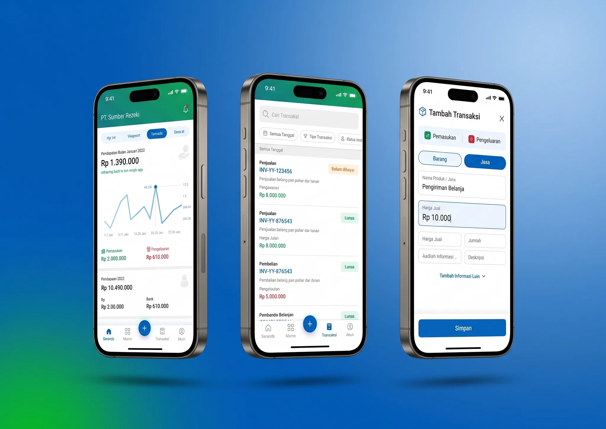 Home, transaction history, and the new transaction form